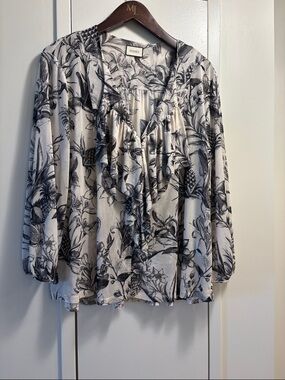 Indies Black & White Floral Ruffle Front Blouse